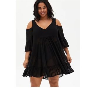NWOT BLACK COLD SHOULDER RUFFLE SWIM COVER-UP
